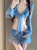 Bikini de Baño Transfronterizo para Mujer Bikini Popular en Internet Conjunto de Cuatro Piezas Sexy Adelgazante Puro Manga Larga Protección Solar Natación