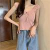 Top de punto para mujer Hyun-Hyun Estilo elegante Estilo occidental Ombligo al descubierto Verano Nuevo Sin mangas Cuello en V Espalda descubierta Con tiras Hueco Top
