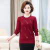 Blusa de Tricô Feminina Manga Longa Gola Redonda Cor Lisa Soltinha Tamanho Grande Bordada com Pedras Moda Versátil Suéter para Mulheres de Meia-Idade e Idosas