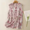 Em Estoque 2025 Novo Estilo Floral Algodão e Linho Sem Mangas Rosa Top Verão Fino Gola Halter Estilo Chinês Camisa Floral