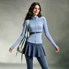 Conjunto Fitness Feminino Manga Longa Cardigan de Yoga Falso Conjunto de Duas Peças Calça Saia Cobertura de Defeitos Emagrecimento Alta Elasticidade Roupa para Corrida Yoga Conjunto de Duas Peças