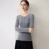 Nova coleção outono e inverno: Camada base de tricô 100% cashmere puro, suéter feminino canelado slim fit, gola redonda, top parcialmente aberto