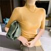 Camisa feminina de lã penteada de alta resistência, manga curta, gola semifechada, sem costura, malha de manga curta, base fina com top de manga curta