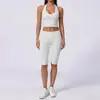 Nuevos pantalones de yoga de longitud media de estilo europeo y americano para mujer, de cintura alta, que levantan los glúteos y aprietan el abdomen, con efecto de caída, y un conjunto deportivo de cuello halter para fitness y Pilates