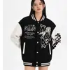 Chaqueta de Béisbol de Cuero con Bloques de Color Patchwork Americano y Mangas Bordadas para Hombre, Tendencia Streetwear Primavera Otoño, Marca, Holgada, Versátil, Chaqueta Casual