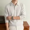 Camisa polo masculina forrada de fleece para outono e inverno, grossa, de manga longa, cor sólida casual, camada base, camiseta com gola e lã