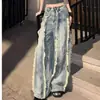 Jeans de Estilo Americano High Street Vintage con Diseño de Puntadas de Flecos Marca de Moda de Gama Alta Nicho Pantalones Anchos Holgados para Niños y Niñas