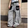 Jeans con bolsillo de parche de estampado de leopardo para mujer, corte recto holgado, pierna ancha, estilo American high street, modernos, geniales, retro