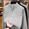 Suéter de malha masculino com zíper parcial para outono e inverno, suéter casual versátil de cor sólida com jacquard vintage, camiseta básica de alto peso
