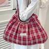 Nova Bolsa de Ombro Estilo Coreano Primavera 2026, Bolsa de Mão Elegante com Pregas de Grande Capacidade e Leve, Bolsa Xadrez Estilo College para Mulheres