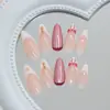 Unhas Decoradas Estilo Francês Vazadas Listradas Peroladas com Laço e Pérolas Douradas, Elegantes e Modernas, Estilo Europeu e Americano, Removíveis, 24 Peças