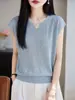 Camiseta de punto de manga corta con cuello en V para mujer, estilo veraniego fino con diseño calado, top adelgazante y elegante, camiseta sin mangas fresca de lino de bambú