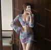 2024 Nueva Blusa Sexy de Fantasía Europea y Americana con Tie-Dye, Falda de Gasa, Bikini de Cuatro Piezas con Blusa y Traje de Baño Dividido