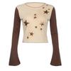 Camiseta de manga larga y cuello redondo para mujer, estilo retro informal con estampado de estrellas transfronterizas europeas y americanas Y2K, con contraste de colores y combinable