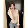 Otoño Francés Sexy Sexy Encaje Cuello en V Slim Manga Larga Camiseta Moda Nicho Ins Top