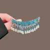 Horquilla de Cristal para el Cabello con Hilo de Pescar Vintage para Mujer, Pinza para Flequillo de Estilo Chino Nuevo con Borla de Perlas, Pinza de Hoja de Luna Creciente, Pinza Lateral para Disfraces Antiguos