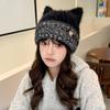 Versión coreana de otoño e invierno nuevo sombrero de mujer de metal con diamantes lindas orejas de punto de lana gorro de invierno cálido gorro de orejas grueso