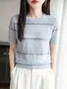 Camisa de Manga Corta para Mujer con Rayas Horizontales de Lyocell Tencel para Verano, Transpirable y con Caída, Cuello Redondo, Corte Ajustado, Estilo Suave y Elegante para Ir al Trabajo
