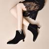 Botins pontiagudos femininos 2024 outono e inverno novo estilo europeu e americano salto fino strass botins preto pele de carneiro salto gatinho botas da moda feminina