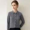 Cardigã de malha 100% cashmere com gola polo para outono e inverno para mulheres, suéter de manga comprida, blusa de malha com gola