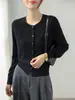 Cardigan Suéter de Tricô de Lã Preto com Gola Redonda e Mangas Longas para Mulheres Outono Design Elegante Cintura Marcada Peça Externa Petite