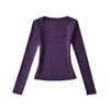 Camiseta Feminina Manga Longa Gola U Ampla Cintura Marcada Estilo Desejo Puro, Versátil Ajustada Curta Cor Sólida Base, Nova Moda Primavera