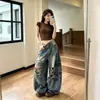 Jeans Rasgado Azul Retrô Americano para Mulheres com Design de Estampa de Letra Personalizada, Calça Casual de Perna Larga Comprimento Total