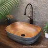 Lavabo de encimera retro con veta de madera sintética, lavabo creativo grande de forma ovalada para balcones de casa de huéspedes