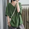 2026 Verano Nuevo Manga Corta Casual Talla Grande Holgado Algodón Lino Top Mujer Wholesale Negro