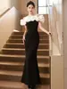 Vestido Social Elegante Francês de Alta Costura Preto de Um Ombro Vestido de Anfitriã Saia Longa Slim Cauda de Peixe