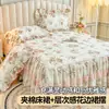 Faldón de Cama Acolchado Estilo Princesa de Algodón Puro Estilo Francés con Volantes, Cubierta de Cama Antideslizante de Encaje de una Pieza, Individual