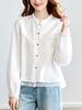 Encaje Bordado Costuras Plisadas Camisa de Manga Larga Artística Simple Dulce Linda Cuello Redondo Combinable Camisa de Manga Larga