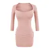 Camiseta com decote coração e manga 3/4 com bojo/vestido para mulheres, primavera e outono, top acinturado, saia curta justa ao corpo