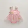 2026 Nova Roupa Infantil Verão Macacão com Alça de Rede para Meninas Vestido de Princesa Bordado Fofo Bebê de Um Ano