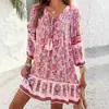 Em Estoque 2025 Camisa Estampada Transfronteiriça Europeia e Americana Exportação Primavera e Verão Casual Boêmia Vestido de Férias com Decote V para Mulheres