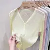 Camisa de Malha Fina Ice Silk Azul com Proteção Solar para Mulheres, Novo Estilo Verão 2026, Combinada com um Cardigã Camisola e um Pequeno Xale para Roupa Externa