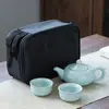 Juego de Té de Viaje Ge Yao Juego de Cerámica Juego de Té Una Tetera Cuatro Tazas Caja de Cuero de Vaca Kung Fu Caja de Regalo Regalo Pequeño
