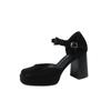 3359-20 Zapatos de Tacón Alto con Plataforma Impermeables de Punta Cuadrada Estilo Primavera 2024 Hebilla de Una Línea Lazo Tacón Grueso