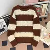 Suéter a rayas de bloques de color estilo japonés, tejido de punto vintage otoño/invierno para pareja, marca retro de moda, camiseta de abrigo informal