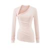 Camiseta de Manga Larga con Diseño Sexy Asimétrico de Hombro Caído Estilo Pura Pasión Otoño Nueva Ajustada con Pliegues Top Básico para Mujer