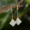 Plata Esterlina S925 Gancho para Oreja Cuadrado Colgante Geométrico Simple Cuadrado Rombo Moda Incrustado Pendientes de Hotan Alambre para Oreja