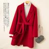 23 casaco de cashmere de dupla face outono e inverno Gola feminina de terno rendado de comprimento médio pequeno casaco de lã solto Hepburn