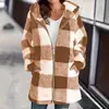 Nuevo abrigo de felpa para mujer europeo y americano wish Amazon manga larga a cuadros con capucha cremallera con bolsillo abrigo holgado