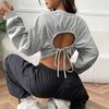 Moletom Europeu e Americano Transfronteiriço Cintura Alta com Cordão na Altura do Umbigo Peça de Roupa Externa Curta Versão Grande Manga Longa Solta Camiseta