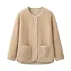 Casaco Feminino de Lã Sintética com Gola Redonda Estilo Coreano Outono Inverno Cardigã Solto Sem Botão Top Curto Quente de Lã com