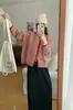 Cárdigan de Punto con Capucha y Raya Roja de Contraste para Mujer Otoño Invierno Nuevo Estilo Holgado Perezoso Abrigo Suéter Estudiante