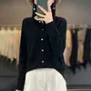 Cardigan de Punto Osmanthus de Primera Línea Cuello Redondo Primavera 100% Lana Estilo Coreano Sencillo Color Sólido Adelgazante Abrigo Suéter para Mujer