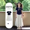 Moda de Verano de Moda Camiseta de Manga Corta a Cuadros Patchwork Falda con Lazo Estilo Dulce y Lindo Conjunto de Dos Piezas