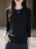Suéter de Lã Solúvel em Água com Gola Redonda Simples Feminino Outono Manga Longa Versátil Malha Camada Base Toque de Luxo Suéter de Lã Fino