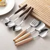 Mango de Madera de Haya Espátula Cuchara de Acero Inoxidable para Uso Doméstico, Cuchara para Sandía, Cuchara y Tenedor de Postre Estilo Japonés, Cuchara Plana de Madera Maciza, Espátula Cuchara Creativa Puntiaguda